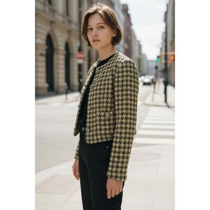 MNG Tweed Cropped Jacket Yellow Black Houndstooth Button‎ Front Women's M
